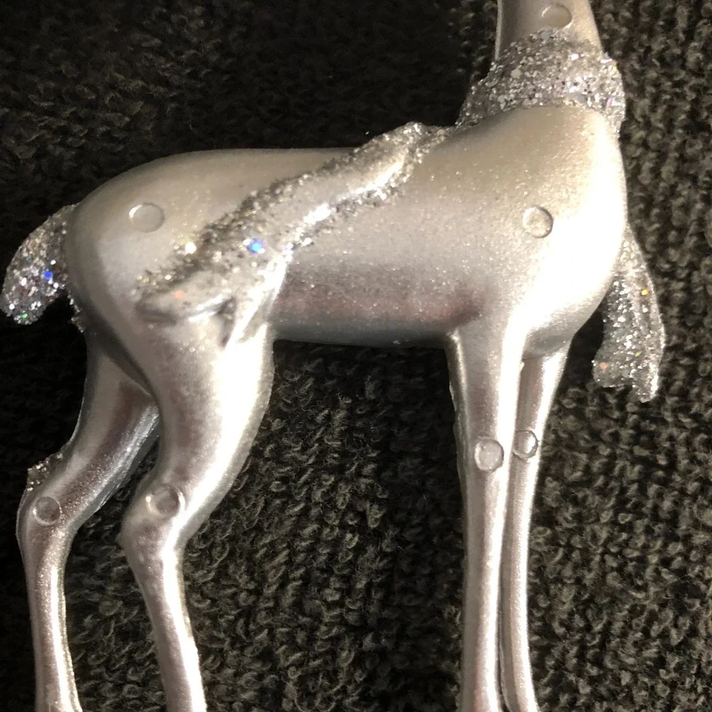 3 ~ Silver Cast Metal Reindeer Ornaments Leaping Prancing Fine Glitter READ